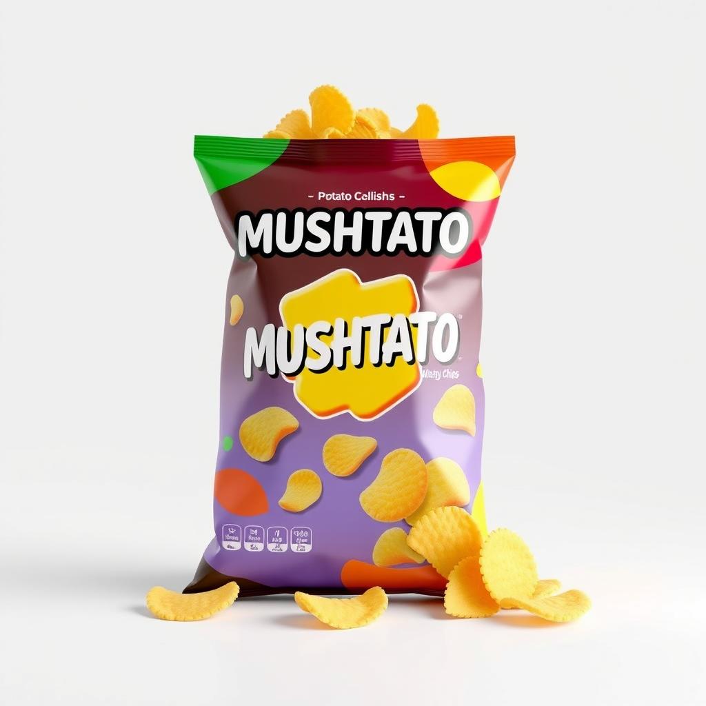 A 3D rendering of a vibrant bag of 'MUSHTATO' potato chips, showcasing the unique branding on the front