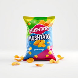 A 3D rendering of a vibrant bag of 'MUSHTATO' potato chips, showcasing the unique branding on the front