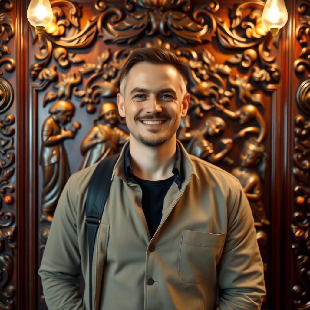 A man confidently standing in front of an ornate Russian panel, showcasing intricate woodwork and vibrant colors