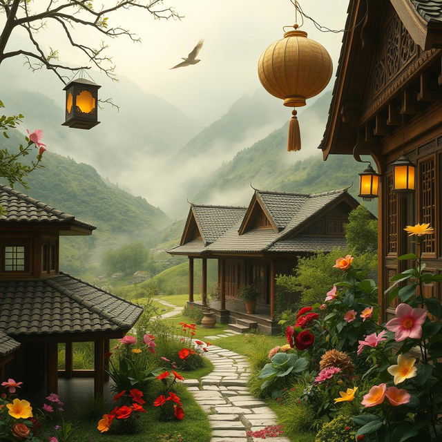 A surreal depiction of traditional Mazandaran space, featuring lush green landscapes typical of northern Iran, intricate wooden carvings typical of local architecture, and vibrant flowers
