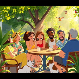 A vibrant and colorful animation capturing a group of diverse adults engaged in a lively conversation at a sunny outdoor cafe, surrounded by lush greenery and wooden furniture
