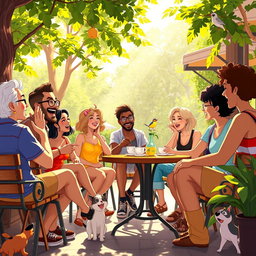 A vibrant and colorful animation capturing a group of diverse adults engaged in a lively conversation at a sunny outdoor cafe, surrounded by lush greenery and wooden furniture