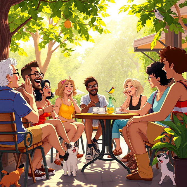 A vibrant and colorful animation capturing a group of diverse adults engaged in a lively conversation at a sunny outdoor cafe, surrounded by lush greenery and wooden furniture