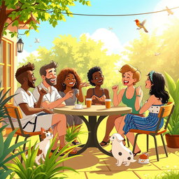 A vibrant and colorful animation capturing a group of diverse adults engaged in a lively conversation at a sunny outdoor cafe, surrounded by lush greenery and wooden furniture