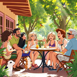A vibrant and colorful animation capturing a group of diverse adults engaged in a lively conversation at a sunny outdoor cafe, surrounded by lush greenery and wooden furniture
