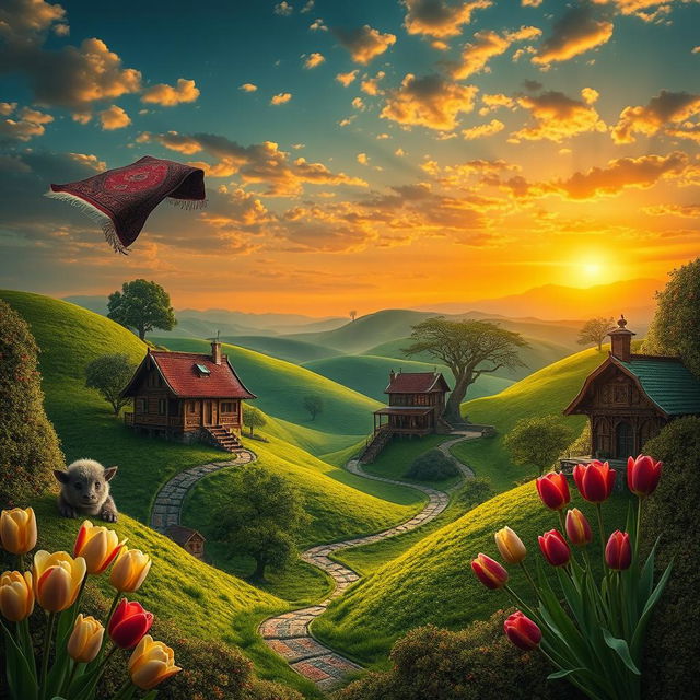 A surreal interpretation of a traditional landscape in Mazandaran, Iran, showcasing a blend of lush green hills, intricate traditional houses with ornate architecture, and a vibrant sunset casting golden hues across the sky