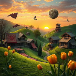 A surreal interpretation of a traditional landscape in Mazandaran, Iran, showcasing a blend of lush green hills, intricate traditional houses with ornate architecture, and a vibrant sunset casting golden hues across the sky