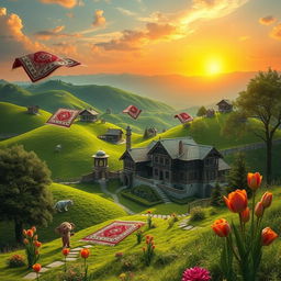 A surreal interpretation of a traditional landscape in Mazandaran, Iran, showcasing a blend of lush green hills, intricate traditional houses with ornate architecture, and a vibrant sunset casting golden hues across the sky