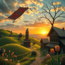 A surreal interpretation of a traditional landscape in Mazandaran, Iran, showcasing a blend of lush green hills, intricate traditional houses with ornate architecture, and a vibrant sunset casting golden hues across the sky