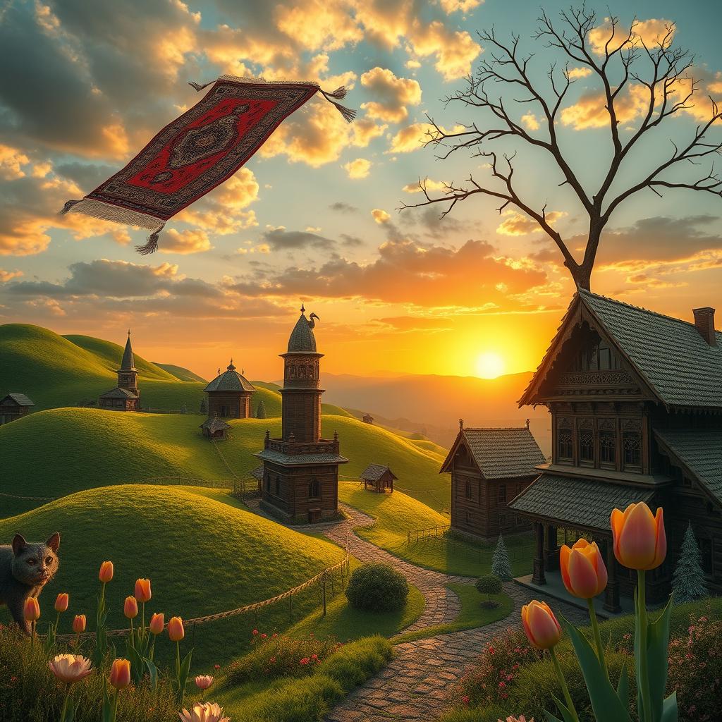 A surreal interpretation of a traditional landscape in Mazandaran, Iran, showcasing a blend of lush green hills, intricate traditional houses with ornate architecture, and a vibrant sunset casting golden hues across the sky