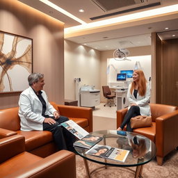 A sleek and modern plastic surgery clinic interior showcasing a consultation room designed in a warm brown and beige color theme