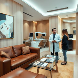 A sleek and modern plastic surgery clinic interior showcasing a consultation room designed in a warm brown and beige color theme