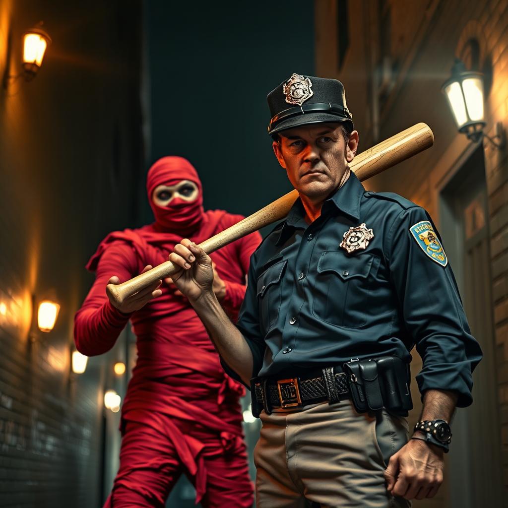 A dramatic scene featuring a red mummy looming over a man wielding a baseball bat, dressed in a police uniform