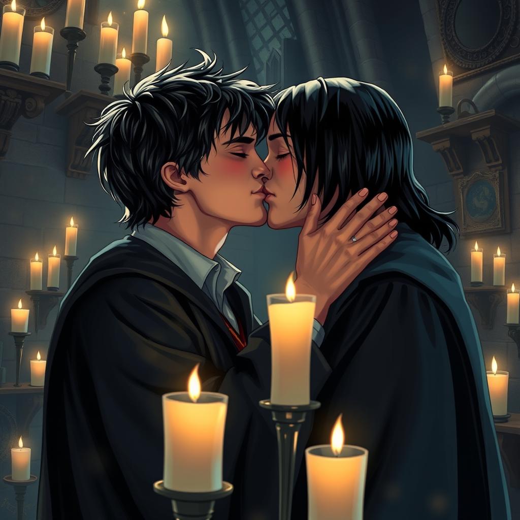 A romantic scene depicting Harry Potter and Severus Snape sharing a passionate kiss in a dimly lit Hogwarts setting, surrounded by floating candles and ancient stone walls adorned with magical artifacts