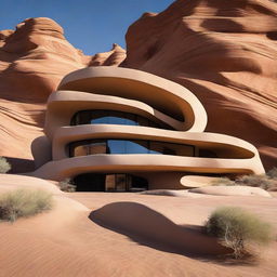 An avant garde architectural masterpiece sculpted from sandstone, located in the stark yet mesmerizing landscape of a desert.