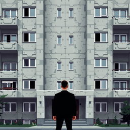 A pixel art representation of a man standing in front of a Russian residential building designed in the style of brutalism or Khrushchev type