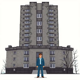 A pixel art representation of a man standing in front of a Russian residential building designed in the style of brutalism or Khrushchev type