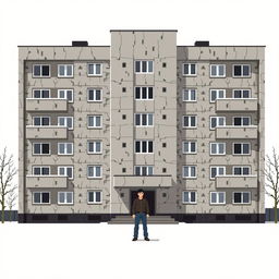 A pixel art representation of a man standing in front of a Russian residential building designed in the style of brutalism or Khrushchev type