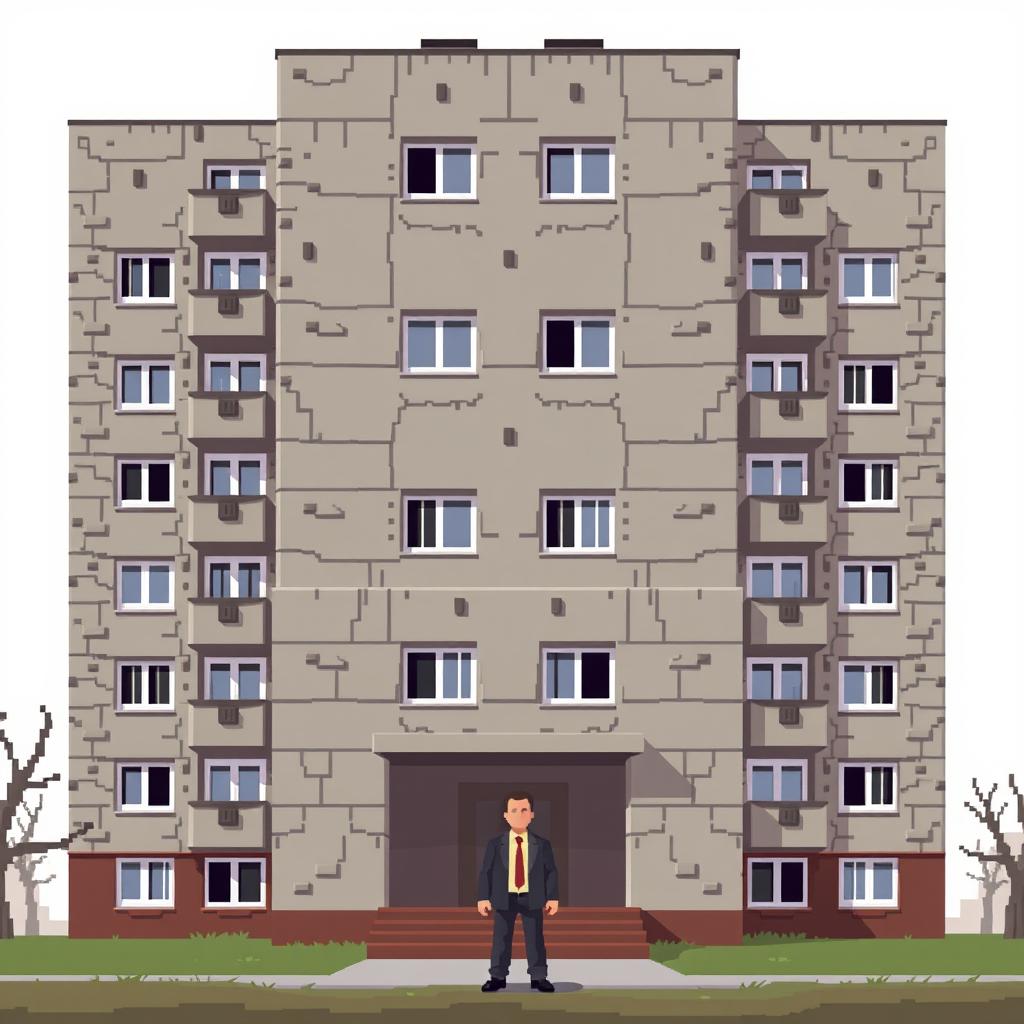 A pixel art representation of a man standing in front of a Russian residential building designed in the style of brutalism or Khrushchev type