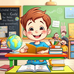 A cheerful cartoon boy engaged in learning