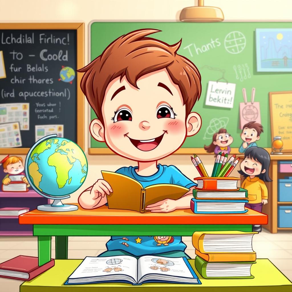 A cheerful cartoon boy engaged in learning