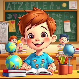 A cheerful cartoon boy engaged in learning