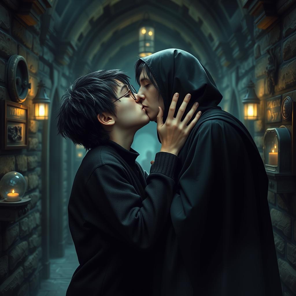A dramatic and emotional scene depicting Harry Potter kissing Severus Snape