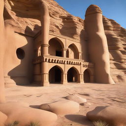 A distinct and beautiful architectural masterpiece, carved from sandstone, standing amidst the spare and stark beauty of a desert, styled in avant-garde aesthetics.