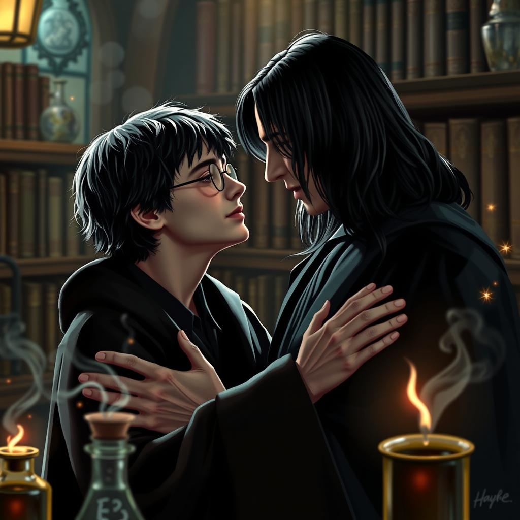 A romantic and intimate scene between Harry Potter and Severus Snape in a softly lit, magical room filled with books and potions