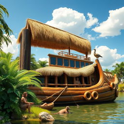 A whimsical cruise ship designed in a Stone Age theme, featuring large wooden logs as the structure, with thatched straw roofs