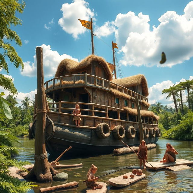 A whimsical cruise ship designed in a Stone Age theme, featuring large wooden logs as the structure, with thatched straw roofs