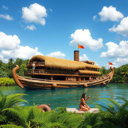 A whimsical cruise ship designed in a Stone Age theme, featuring large wooden logs as the structure, with thatched straw roofs