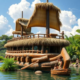 A whimsical cruise ship designed in a Stone Age theme, featuring large wooden logs as the structure, with thatched straw roofs