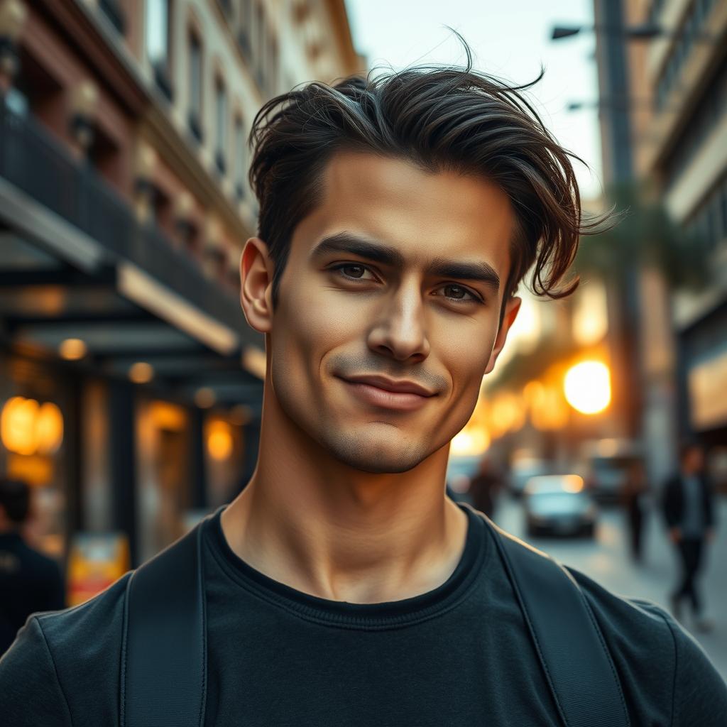 A handsome man standing confidently in an urban environment, showcasing a strong jawline and deep-set expressive eyes