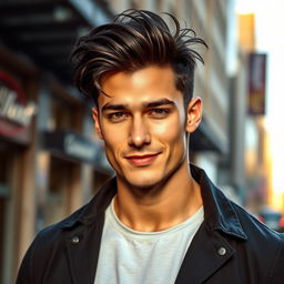 A handsome man standing confidently in an urban environment, showcasing a strong jawline and deep-set expressive eyes