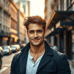 A handsome man standing confidently in an urban environment, showcasing a strong jawline and deep-set expressive eyes