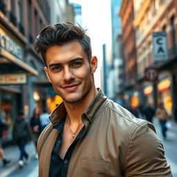 A handsome man standing confidently in an urban environment, showcasing a strong jawline and deep-set expressive eyes