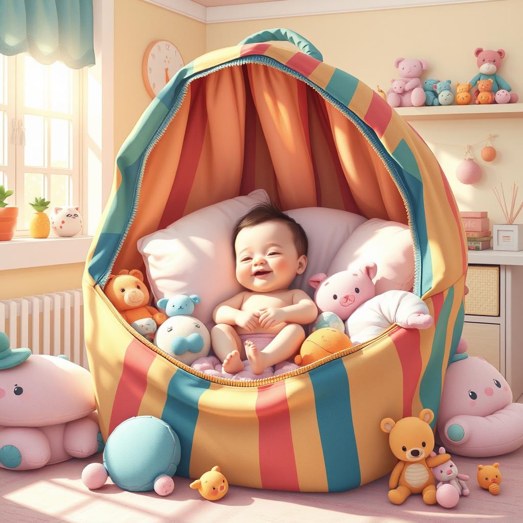 A surreal and whimsical illustration featuring a baby nestled inside a colorful, oversized bag surrounded by soft pillows and playful toys