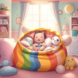 A surreal and whimsical illustration featuring a baby nestled inside a colorful, oversized bag surrounded by soft pillows and playful toys
