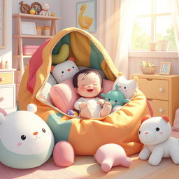 A surreal and whimsical illustration featuring a baby nestled inside a colorful, oversized bag surrounded by soft pillows and playful toys