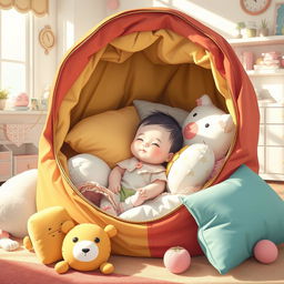 A surreal and whimsical illustration featuring a baby nestled inside a colorful, oversized bag surrounded by soft pillows and playful toys
