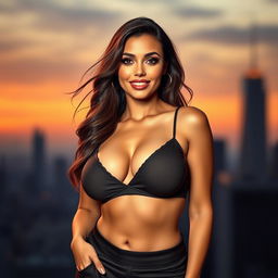 A beautiful woman with voluptuous curves and prominent cleavage, wearing a stylish, form-fitting outfit that highlights her figure