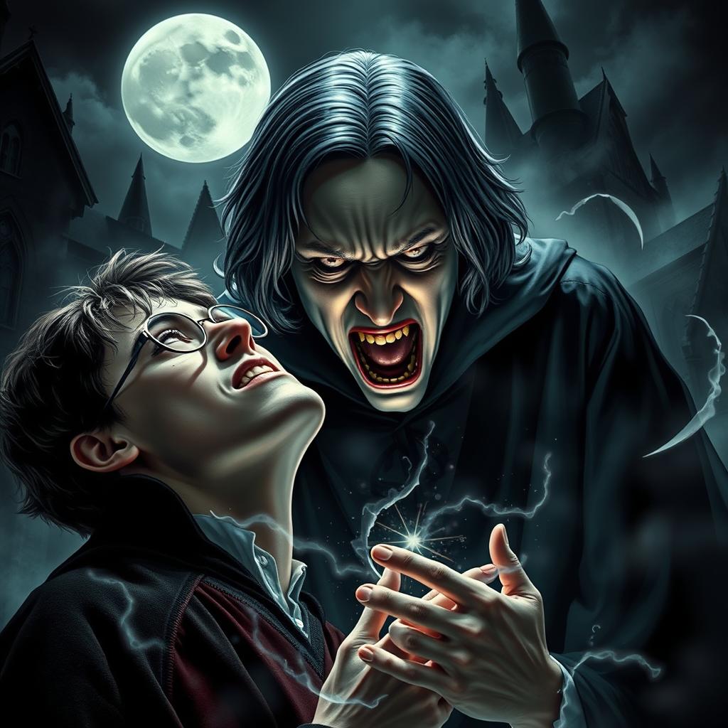 A dramatic fantasy scene depicting Severus Snape, as a vampire, with sharp fangs piercing the neck of Harry Potter