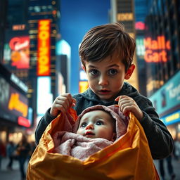 A dramatic Hollywood scene featuring a young boy opening a large bag and discovering a baby inside