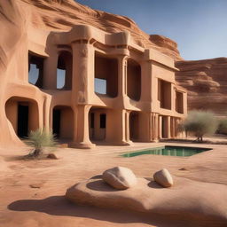 A distinct and beautiful architectural masterpiece, carved from sandstone, standing amidst the spare and stark beauty of a desert, styled in avant-garde aesthetics.