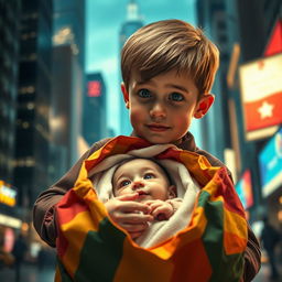 A dramatic Hollywood scene featuring a young boy opening a large bag and discovering a baby inside