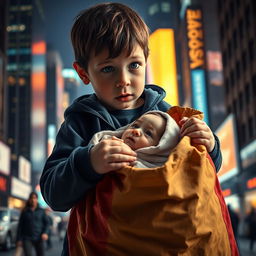 A dramatic Hollywood scene featuring a young boy opening a large bag and discovering a baby inside