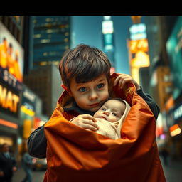 A dramatic Hollywood scene featuring a young boy opening a large bag and discovering a baby inside