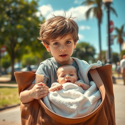 A captivating Hollywood-style scene featuring a young boy discovering a baby inside a stylish, large bag