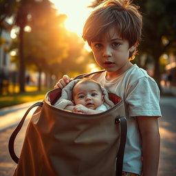 A captivating Hollywood-style scene featuring a young boy discovering a baby inside a stylish, large bag